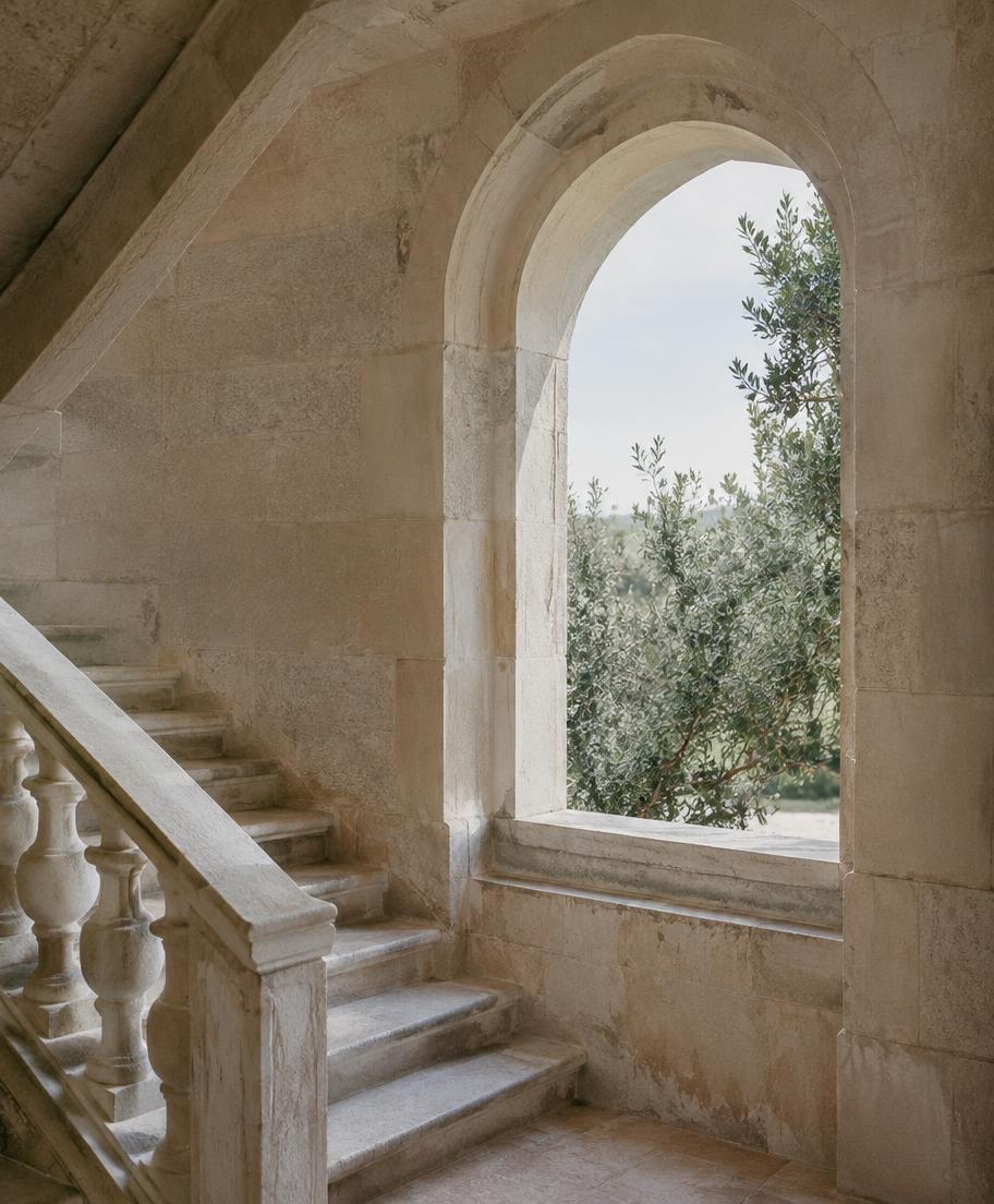 Stone archway overlooking olive trees