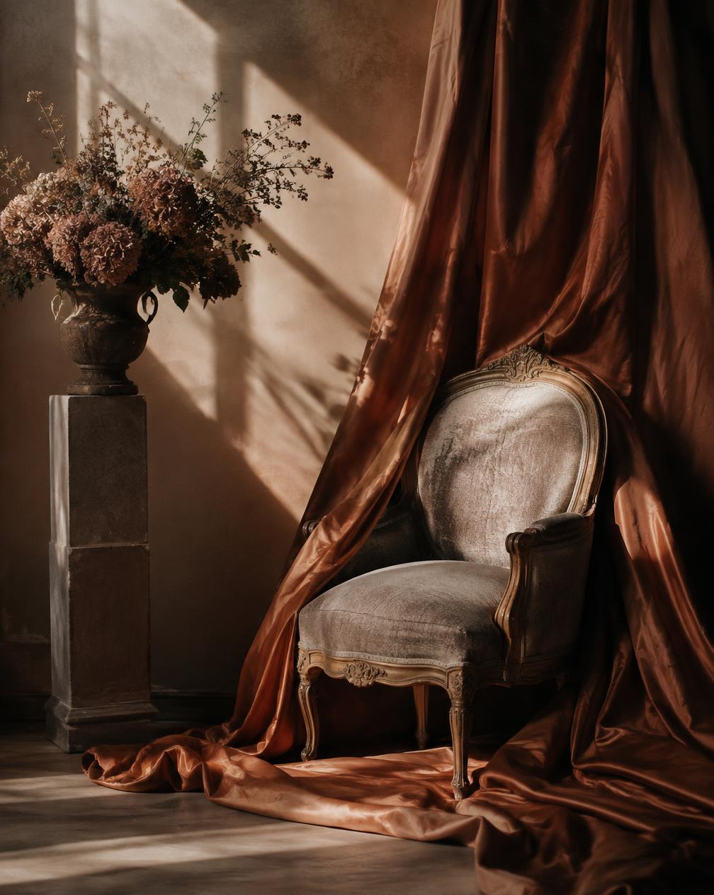Luxury portrait set with draped silk and dramatic side light