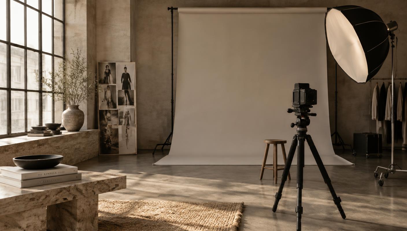 Editorial photography studio with softbox lighting and a medium format camera