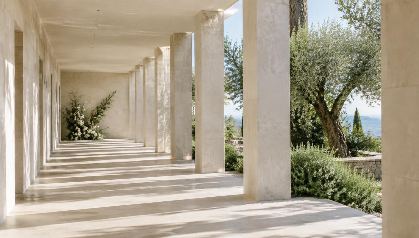 Sunlit colonnade with strong architectural shadows